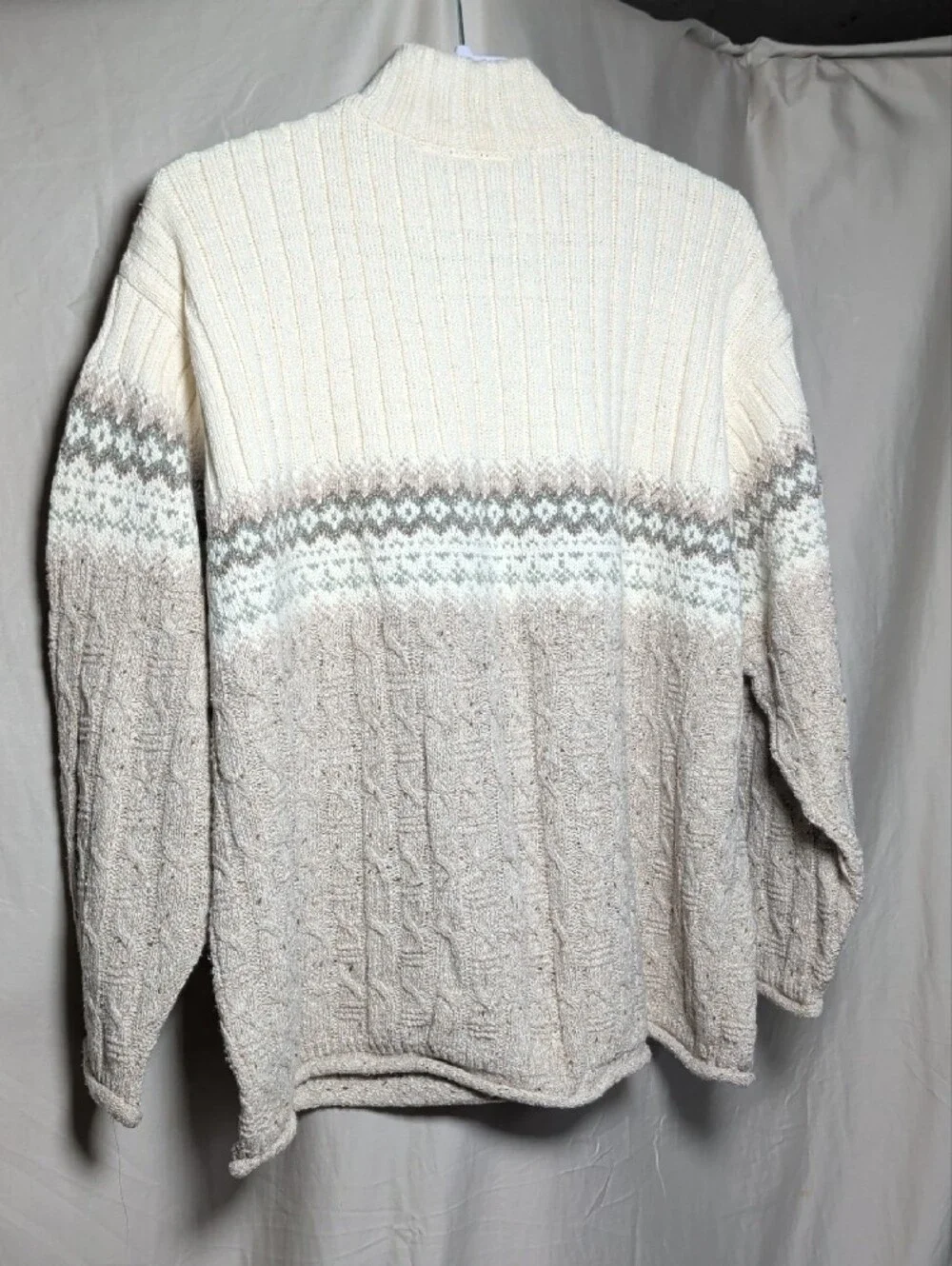 Women's Zip-Neck Sweater in Cream and Light Brown Cozy Cotton Plus Size